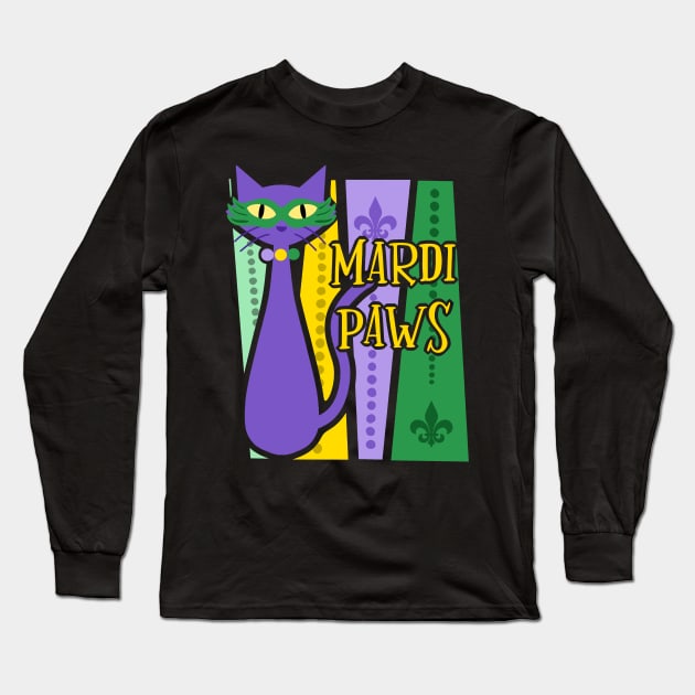 Mardi Paws Mid Century Modern Mardi Gras Funny Cat Long Sleeve T-Shirt by ksrogersdesigns